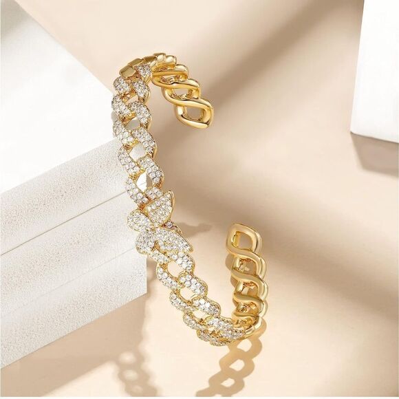 Gold 14k Gold Plated Cubic Zirconia Butterfly Cuff Bracelet - Picture 1 of 3
